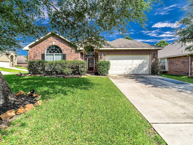 25203 Auburn Terrace Dr, Spring, TX 77389 - single story home featuring brick siding, a garage, concrete driveway, and a front lawn