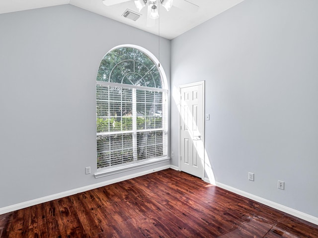 25203 Auburn Terrace Dr, Spring, TX 77389 - empty room with a ceiling fan, wood finished floors, baseboards, and vaulted ceiling