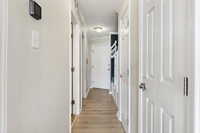 6102 Seawall Blvd Unit 260, Galveston, TX 77551 - hallway with a textured ceiling, crown molding, and light wood-style floors