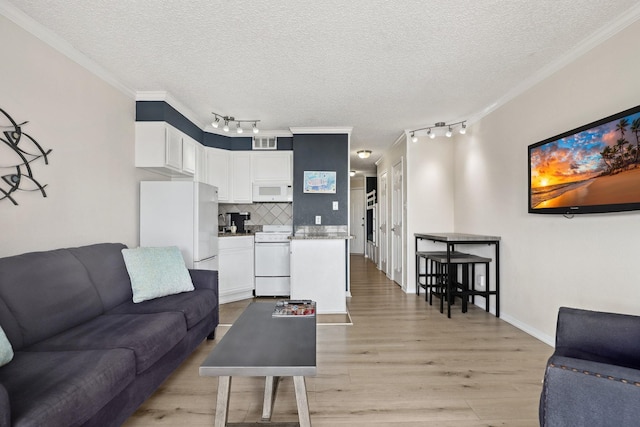 6102 Seawall Blvd Unit 260, Galveston, TX 77551 - living area featuring track lighting, light wood-style flooring, ornamental molding, a textured ceiling, and baseboards