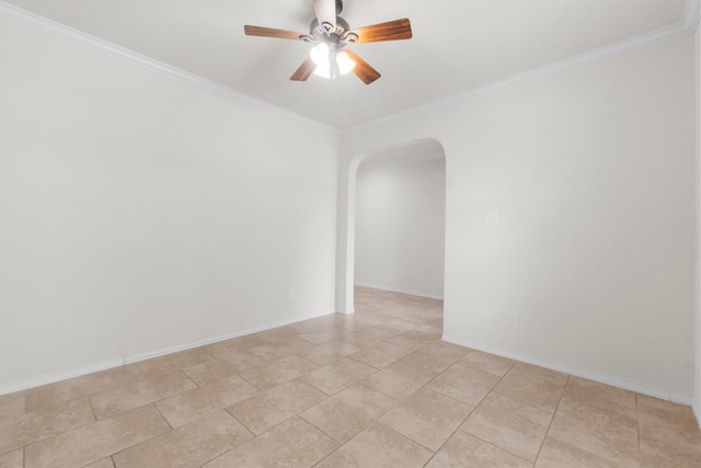 9131 Durango Point Ln, Houston, TX 77070 - unfurnished room featuring arched walkways, ornamental molding, ceiling fan, and baseboards