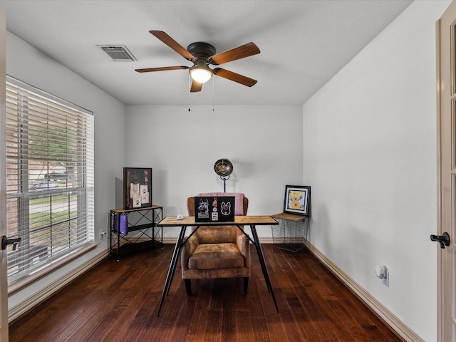6907 Autumn Rain Ln, Spring, TX 77379 - office area featuring dark wood-style flooring, baseboards, and a ceiling fan