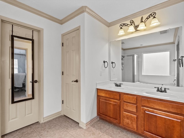 6907 Autumn Rain Ln, Spring, TX 77379 - bathroom with crown molding, a shower stall, double vanity, tile patterned floors, and baseboards