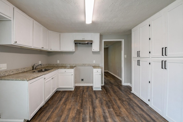 312 Hemphill St, Texas City, TX 77591 - kitchen with a sink, under cabinet range hood, dark wood-type flooring, white cabinetry, and a textured ceiling