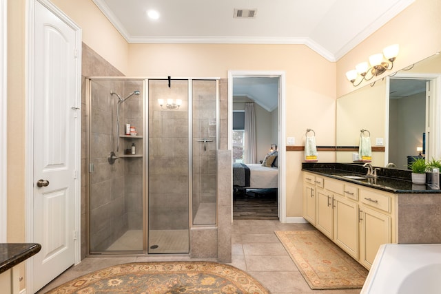 3266 Karleigh Way, Richmond, TX 77406 - ensuite bathroom with ornamental molding, a stall shower, vanity, tile patterned flooring, and vaulted ceiling