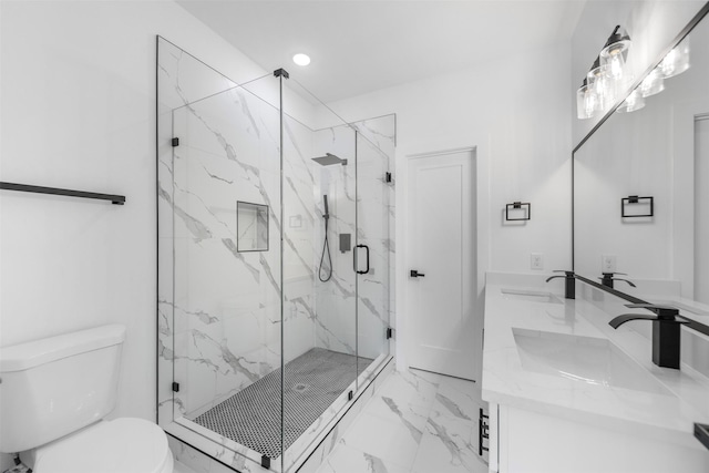 2475 Carmel St A/B, Unit A/B Houston, TX 77091 - full bath featuring marble finish floors, toilet, a marble finish shower, double vanity, and recessed lighting