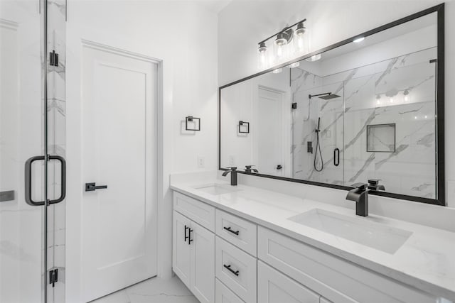 2475 Carmel St A/B, Unit A/B Houston, TX 77091 - bathroom featuring marble look tile flooring, a marble finish shower, and double vanity