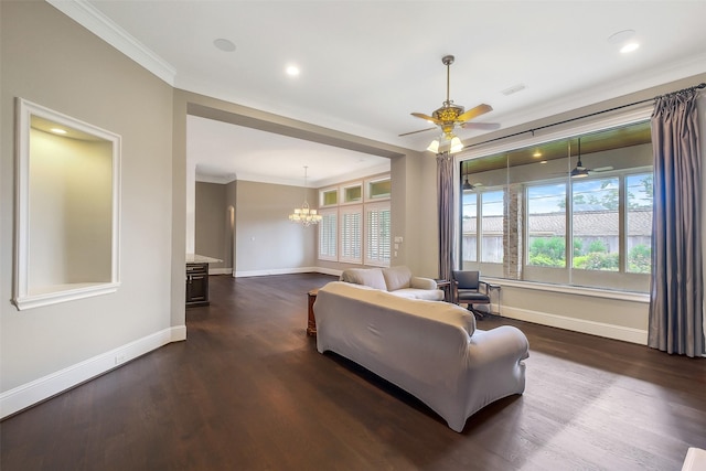 1518 Hillendahl Blvd, Houston, TX 77055 - living room with a chandelier, dark wood-type flooring, crown molding, baseboards, and healthy amount of natural light
