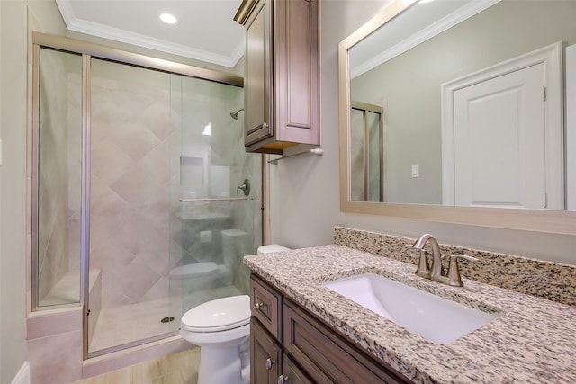 1518 Hillendahl Blvd, Houston, TX 77055 - bathroom with ornamental molding, toilet, vanity, a shower stall, and recessed lighting