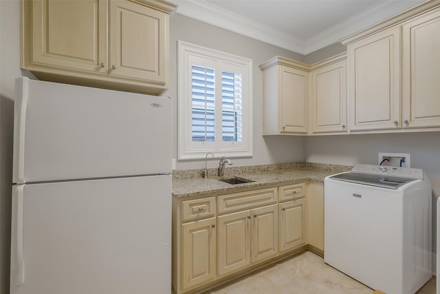 1518 Hillendahl Blvd, Houston, TX 77055 - washroom with washer / clothes dryer, cabinet space, and crown molding