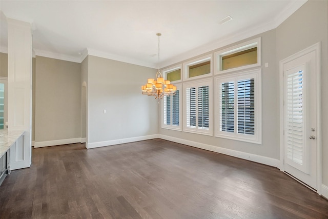 1518 Hillendahl Blvd, Houston, TX 77055 - unfurnished dining area with a chandelier, dark wood-type flooring, crown molding, and baseboards
