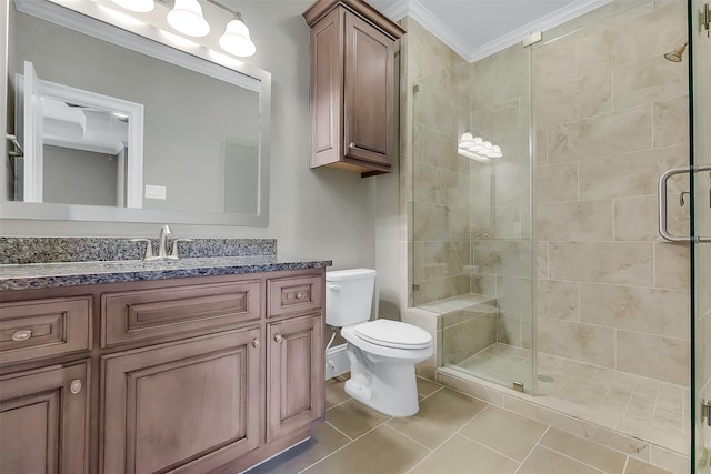 1518 Hillendahl Blvd, Houston, TX 77055 - bathroom with ornamental molding, a stall shower, vanity, and tile patterned floors