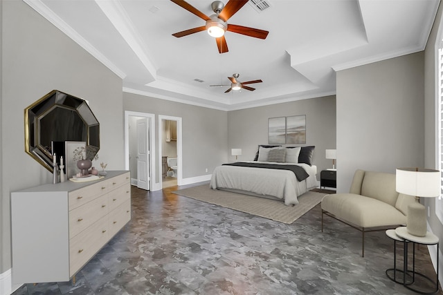 1518 Hillendahl Blvd, Houston, TX 77055 - bedroom featuring a raised ceiling, ornamental molding, a ceiling fan, and connected bathroom