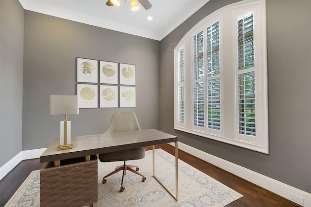 1518 Hillendahl Blvd, Houston, TX 77055 - office featuring wood finished floors, a ceiling fan, and crown molding