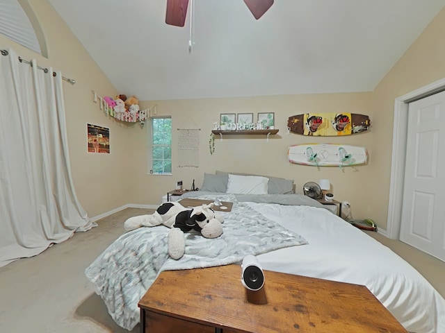 40 Dartmoor Ct, Coldspring, TX 77331 - carpeted bedroom featuring vaulted ceiling, baseboards, and ceiling fan