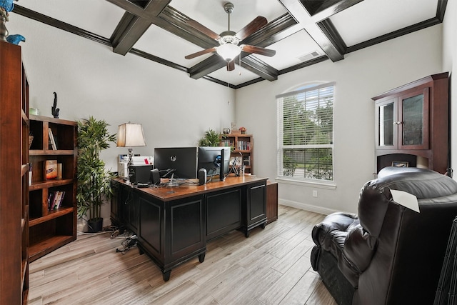 18786 Monetta Dr, New Caney, TX 77357 - office space featuring coffered ceiling, a ceiling fan, light wood-type flooring, baseboards, and beam ceiling