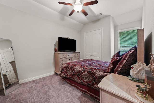 18786 Monetta Dr, New Caney, TX 77357 - bedroom featuring carpet, baseboards, lofted ceiling, and a ceiling fan