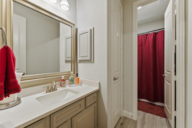 18786 Monetta Dr, New Caney, TX 77357 - bathroom with wood finished floors, vanity, and curtained shower