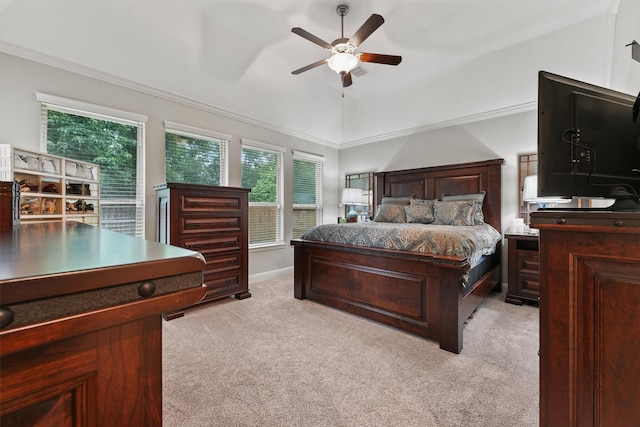 18786 Monetta Dr, New Caney, TX 77357 - bedroom with light carpet, lofted ceiling, ceiling fan, and baseboards