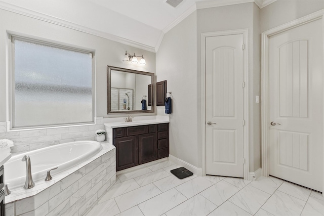 18786 Monetta Dr, New Caney, TX 77357 - bathroom featuring ornamental molding, vanity, a bath, marble finish floors, and vaulted ceiling