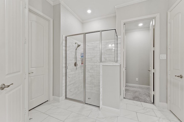 18786 Monetta Dr, New Caney, TX 77357 - bathroom with marble look tile flooring, a shower stall, crown molding, baseboards, and recessed lighting