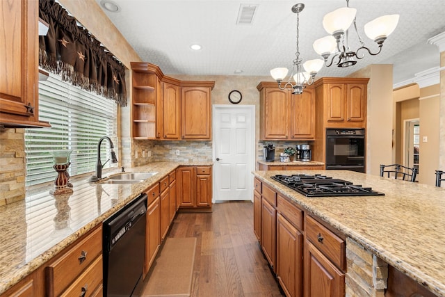 3602 Blue Lake Dr, Spring, TX 77388 - kitchen with black appliances, a sink, open shelves, a chandelier, and light stone countertops