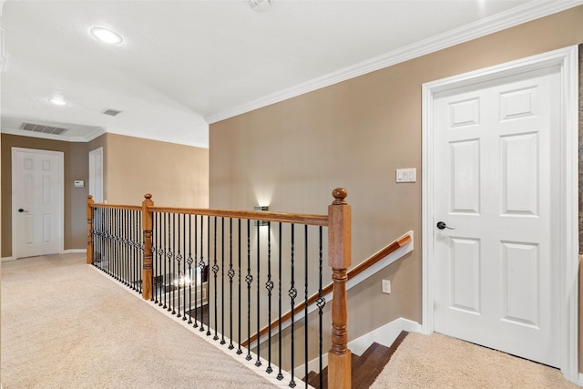 3602 Blue Lake Dr, Spring, TX 77388 - hall featuring an upstairs landing, baseboards, ornamental molding, carpet, and recessed lighting