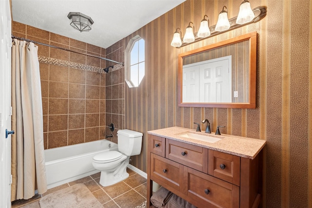 3602 Blue Lake Dr, Spring, TX 77388 - bathroom with toilet, wallpapered walls, shower / bathtub combination with curtain, vanity, and tile patterned flooring