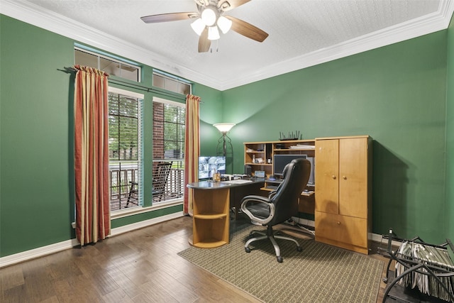 3602 Blue Lake Dr, Spring, TX 77388 - office space with ornamental molding, ceiling fan, baseboards, wood finished floors, and a textured ceiling