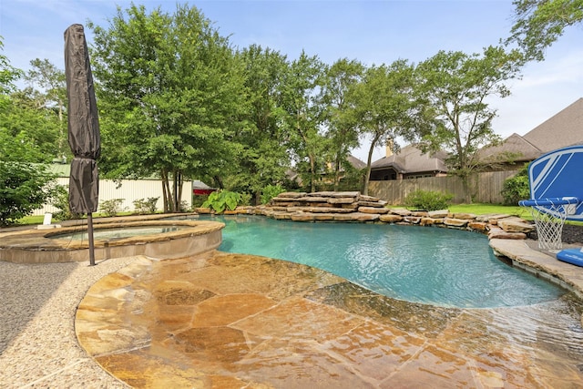 3602 Blue Lake Dr, Spring, TX 77388 - view of swimming pool featuring a fenced backyard, a patio area, and a pool with connected hot tub