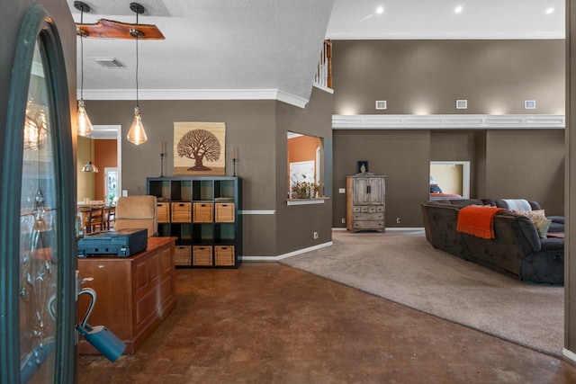 2474 Ripplewood Ct, Conroe, TX 77384 - carpeted living room with concrete floors, baseboards, and crown molding