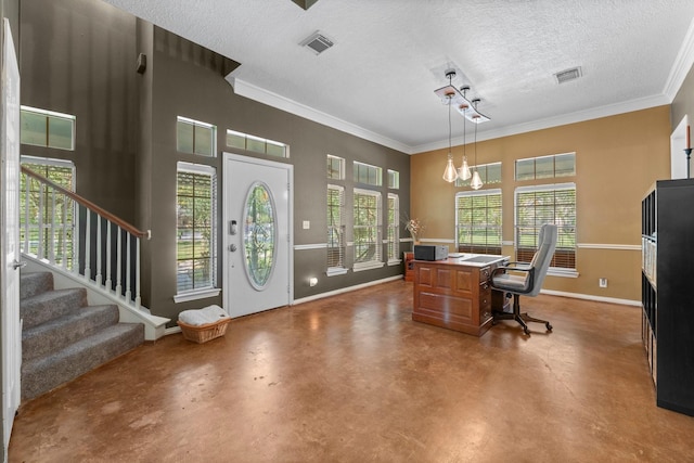 2474 Ripplewood Ct, Conroe, TX 77384 - home office with finished concrete flooring, baseboards, a textured ceiling, crown molding, and a chandelier