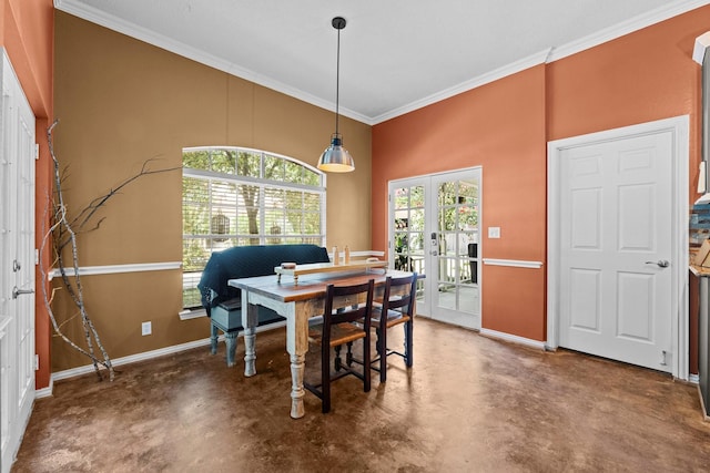 2474 Ripplewood Ct, Conroe, TX 77384 - dining area with crown molding, baseboards, french doors, and finished concrete floors