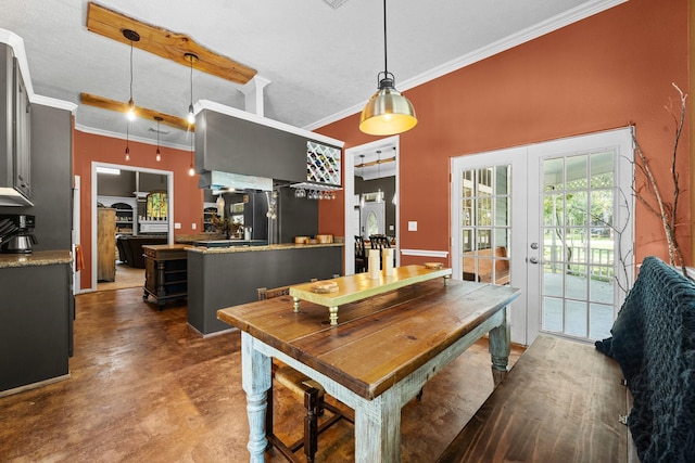 2474 Ripplewood Ct, Conroe, TX 77384 - dining area featuring crown molding, french doors, finished concrete floors, and a high ceiling