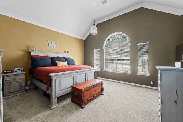 2474 Ripplewood Ct, Conroe, TX 77384 - bedroom with vaulted ceiling, ornamental molding, carpet, baseboards, and a ceiling fan