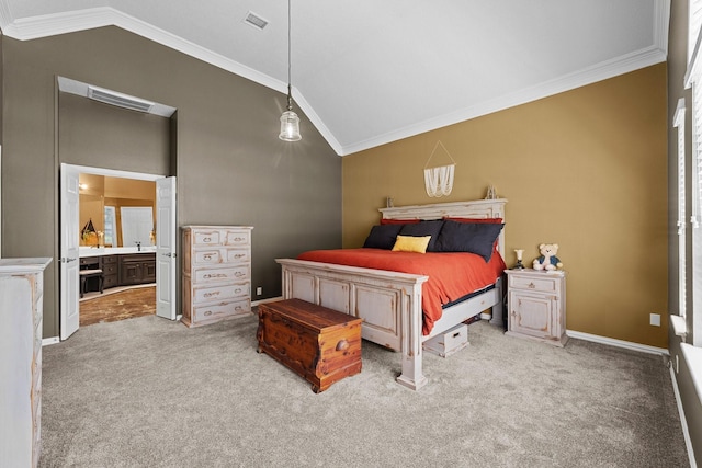 2474 Ripplewood Ct, Conroe, TX 77384 - carpeted bedroom featuring vaulted ceiling, ornamental molding, and ensuite bathroom