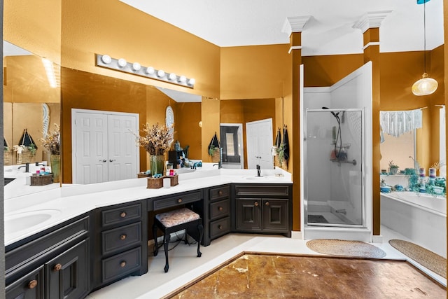 2474 Ripplewood Ct, Conroe, TX 77384 - bathroom with a stall shower, double vanity, and a garden tub
