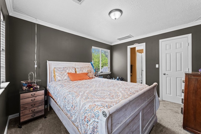 2474 Ripplewood Ct, Conroe, TX 77384 - carpeted bedroom with crown molding and a textured ceiling