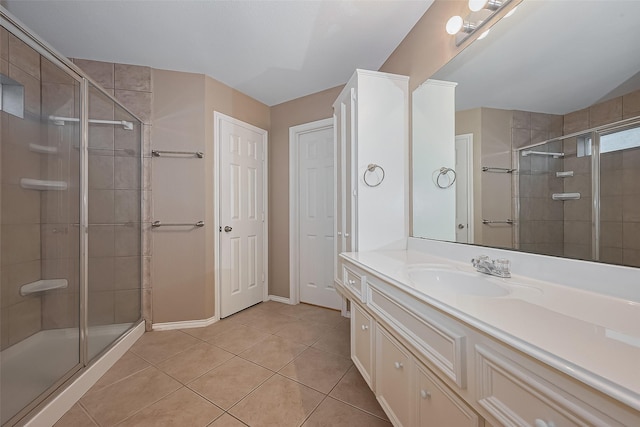 16715 Red Falls Cir, Houston, TX 77095 - bathroom featuring a stall shower, vanity, tile patterned flooring, and baseboards