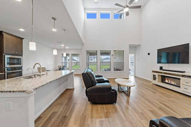 5411 Cavall Rd, Missouri City, TX 77459 - living room with ceiling fan, light wood-style floors, a towering ceiling, and baseboards