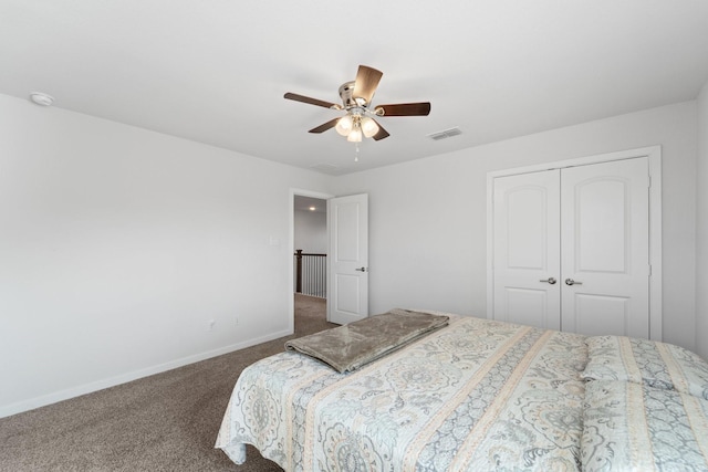 5411 Cavall Rd, Missouri City, TX 77459 - bedroom featuring dark colored carpet, a closet, baseboards, and a ceiling fan