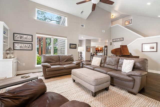 15726 Steamboat Ln, Houston, TX 77079 - living area with a ceiling fan, high vaulted ceiling, baseboards, wood finished floors, and recessed lighting