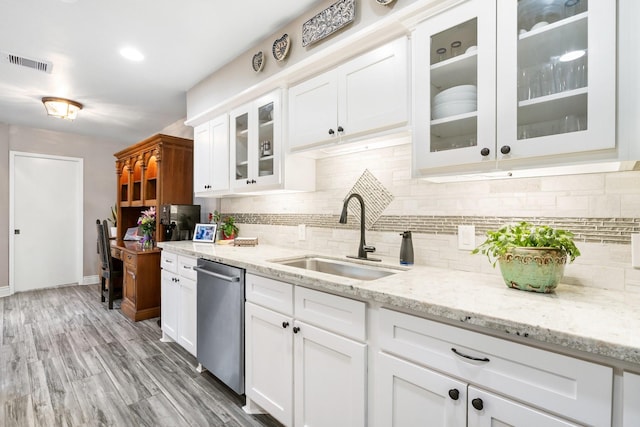 15726 Steamboat Ln, Houston, TX 77079 - kitchen featuring stainless steel dishwasher, a sink, decorative backsplash, and white cabinetry