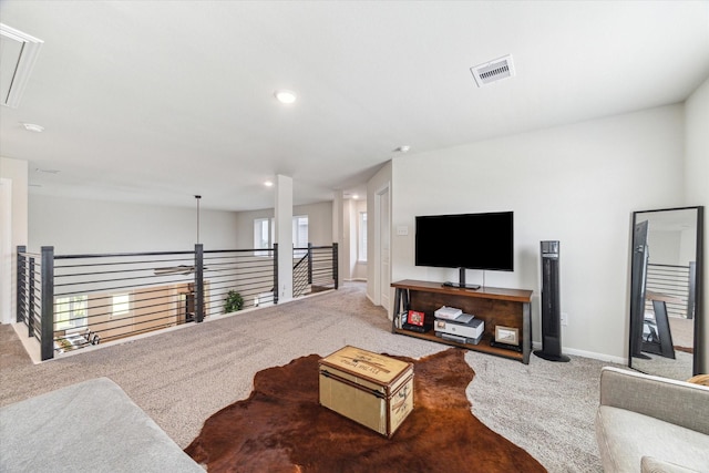 1523 Alpine Dr, Rosharon, TX 77583 - living room with carpet, attic access, recessed lighting, and baseboards