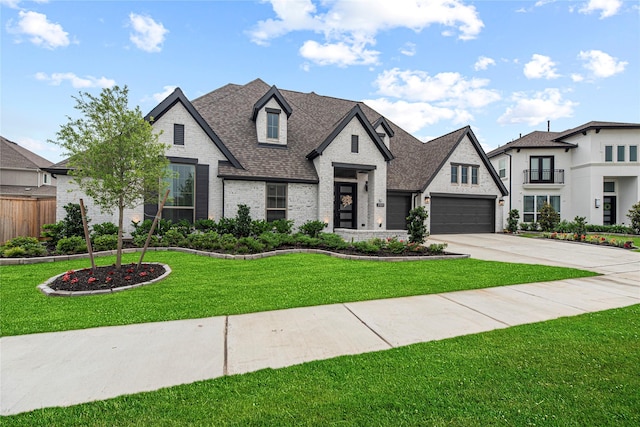 21511 Blue Porterweed Trl, Cypress, TX 77433 - french country style house featuring driveway, brick siding, a front yard, a shingled roof, and an attached garage
