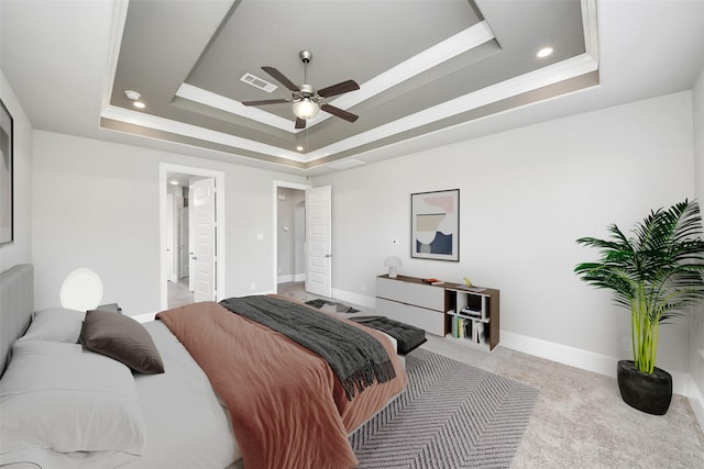 30702 Barred Owl Way, Brookshire, TX 77423 - carpeted bedroom featuring a raised ceiling, baseboards, recessed lighting, a ceiling fan, and crown molding