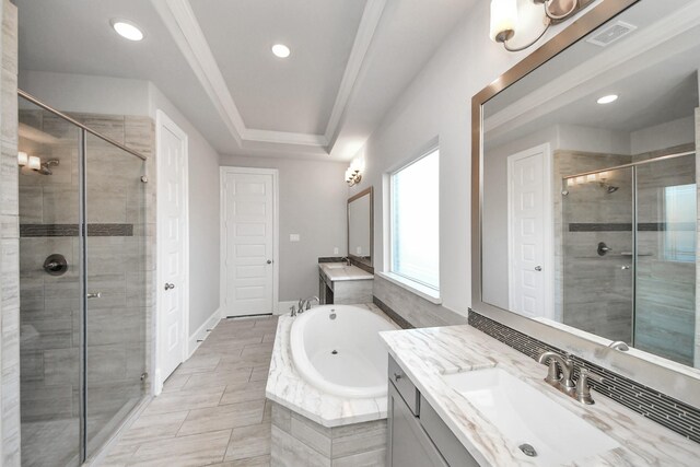 30702 Barred Owl Way, Brookshire, TX 77423 - full bathroom with a stall shower, a garden tub, vanity, and recessed lighting