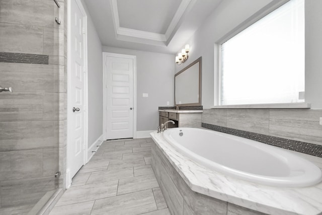30702 Barred Owl Way, Brookshire, TX 77423 - bathroom featuring a stall shower, vanity, a garden tub, and crown molding