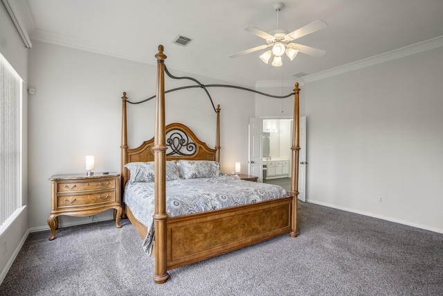 10522 Kirkwell Manor Ct, Spring, TX 77379 - carpeted bedroom featuring ornamental molding, baseboards, connected bathroom, and a ceiling fan