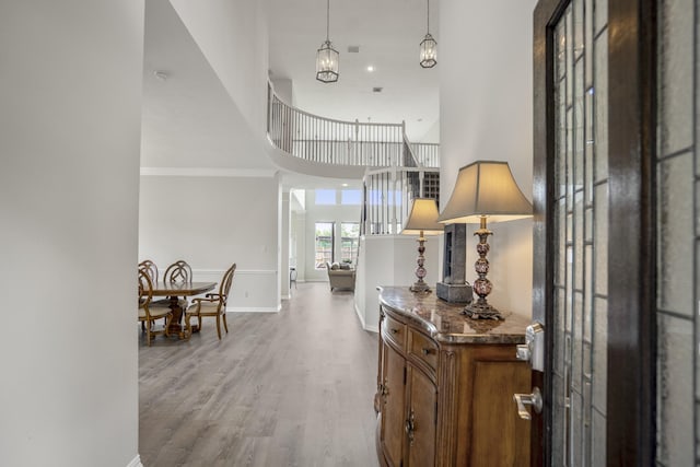10522 Kirkwell Manor Ct, Spring, TX 77379 - hall with a high ceiling, light wood-type flooring, and baseboards